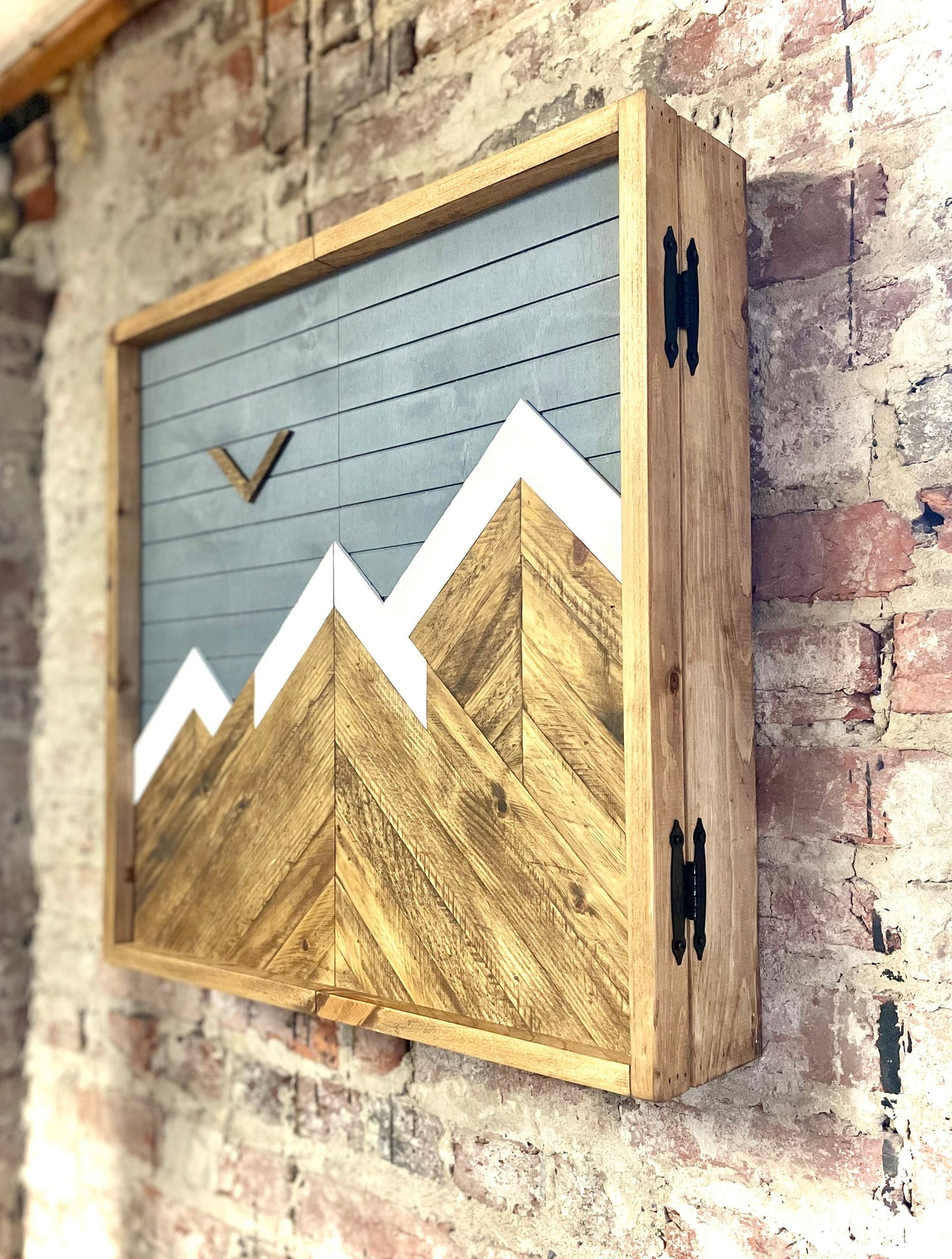 Rustic Dartboard Cabinet - Rustic Gray Mountain Art  24”x24” - Rustic Cabinet - Game Room / Man Cave Art - Wall Decor - Cabinet