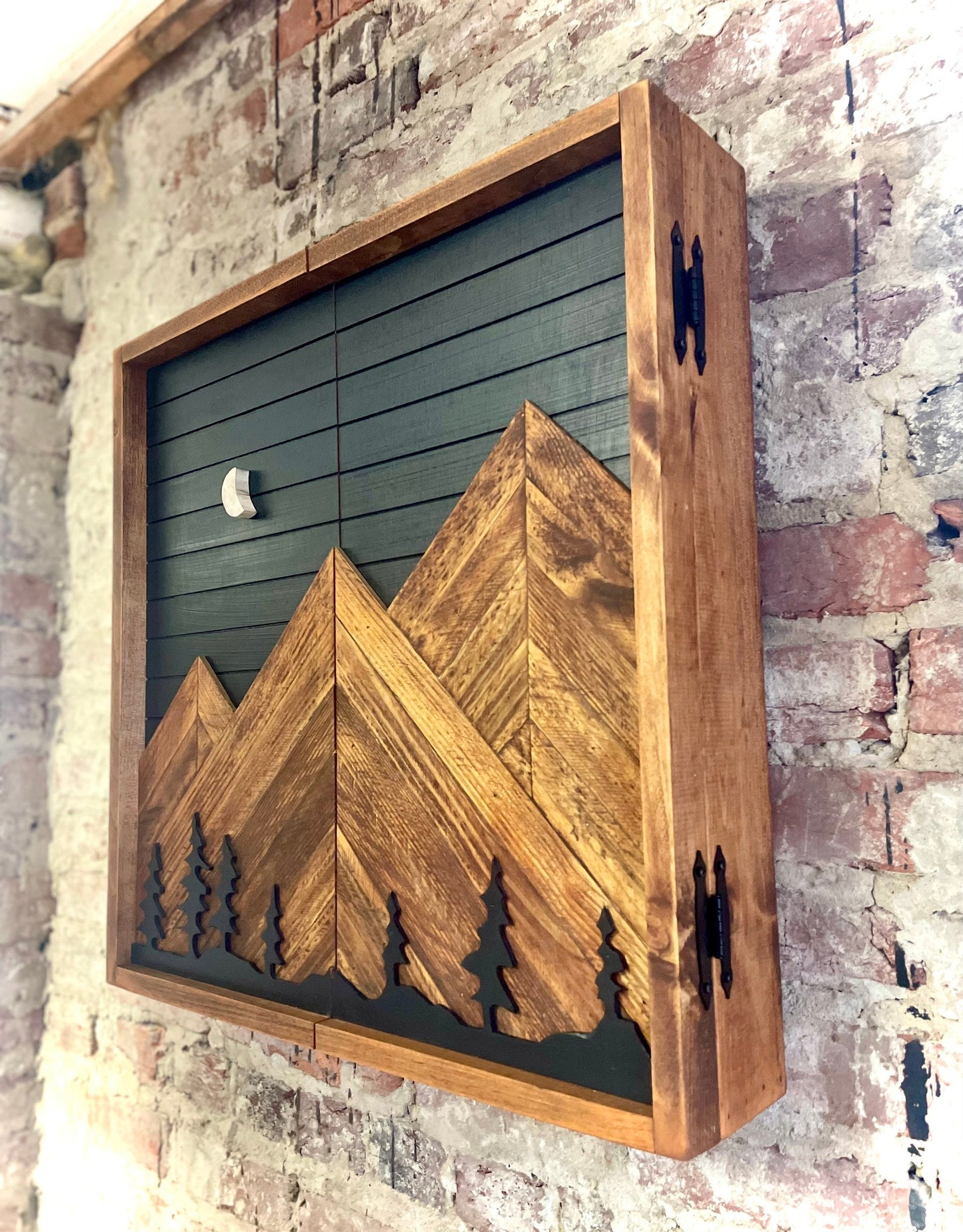 Rustic Dartboard Cabinet - Rustic Black Sky w/ Trees Mountain Art  24”x24” - Rustic Cabinet - Game Room/Man Cave Art - Wall Decor - Cabinet