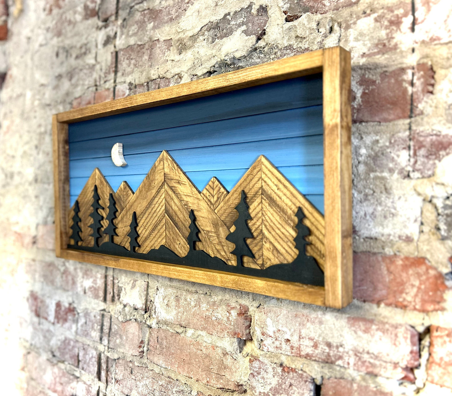 Rustic Blueshade Background w/ Moon & Trees- Rustic Mountain Wood Wall Art-Wall Decor- Night Sky Decor- Home Decor-Wall Art- Rustic Decor