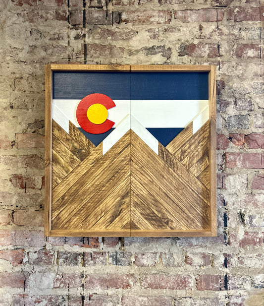Rustic Dartboard Cabinet - Rustic Colorado Flag Mountain Art 24”x24” - Rustic Cabinet - Game Room / Man Cave Art - Wall Decor - Cabinet
