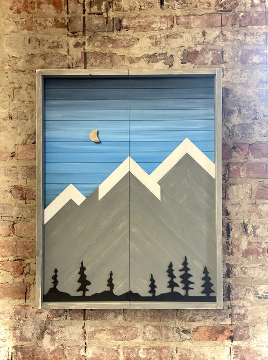 Electronic Dartboard Cabinet - Rustic Blue Sky w/ Trees Gray Mountain Art  33”x26” - Rustic Cabinet - Game Room / Man Cave Art -Wall Decor