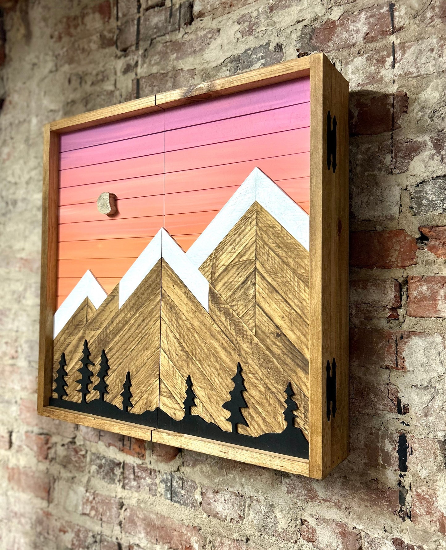 Rustic Dartboard Cabinet-Rustic Orange Sky w/ Trees Mountain Art  24”x24” - Rustic Cabinet - Game Room / Man Cave Art - Wall Decor - Cabinet