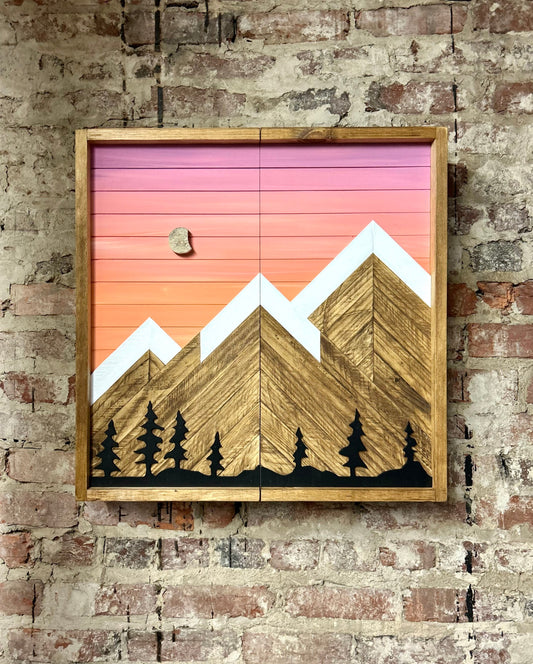 Rustic Dartboard Cabinet-Rustic Orange Sky w/ Trees Mountain Art  24”x24” - Rustic Cabinet - Game Room / Man Cave Art - Wall Decor - Cabinet