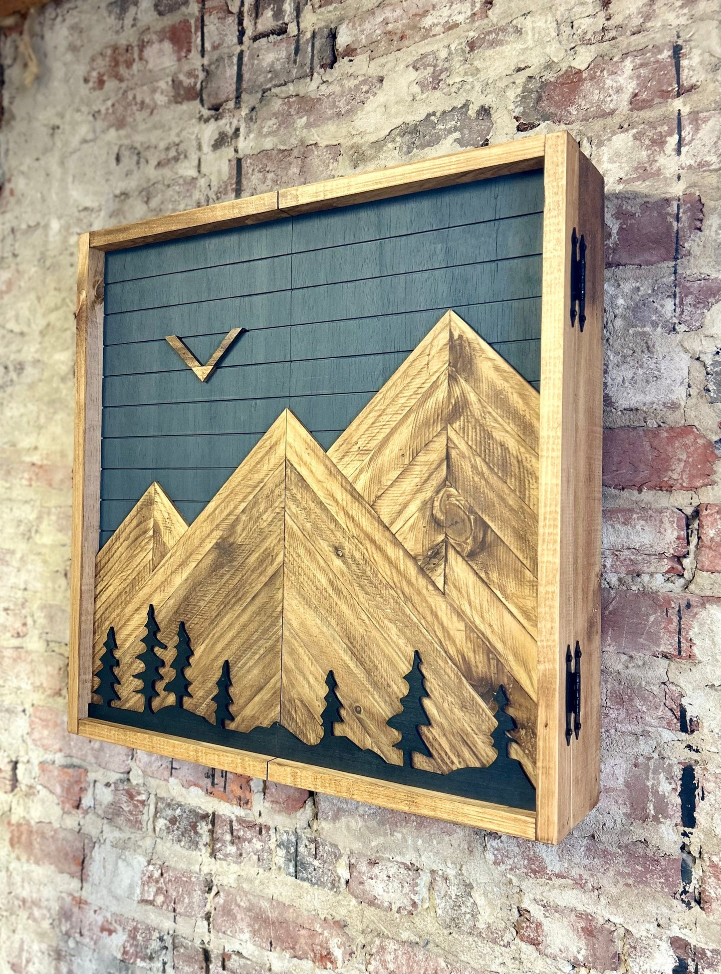 Rustic Dartboard Cabinet - Rustic Carbon Gray w/ Trees Mountain Art  26”x26” - Rustic Cabinet - Game Room / Man Cave Art -Wall Decor-Cabinet