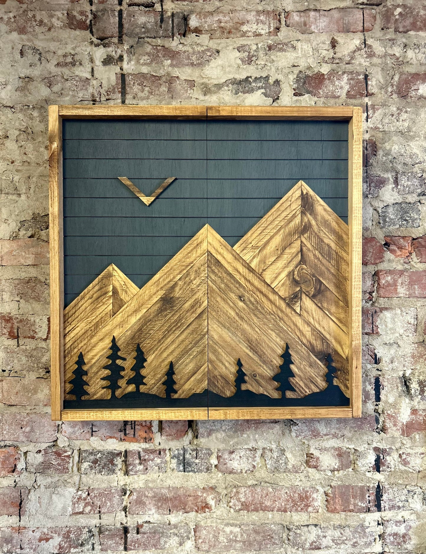 Rustic Dartboard Cabinet - Rustic Carbon Gray w/ Trees Mountain Art  26”x26” - Rustic Cabinet - Game Room / Man Cave Art -Wall Decor-Cabinet