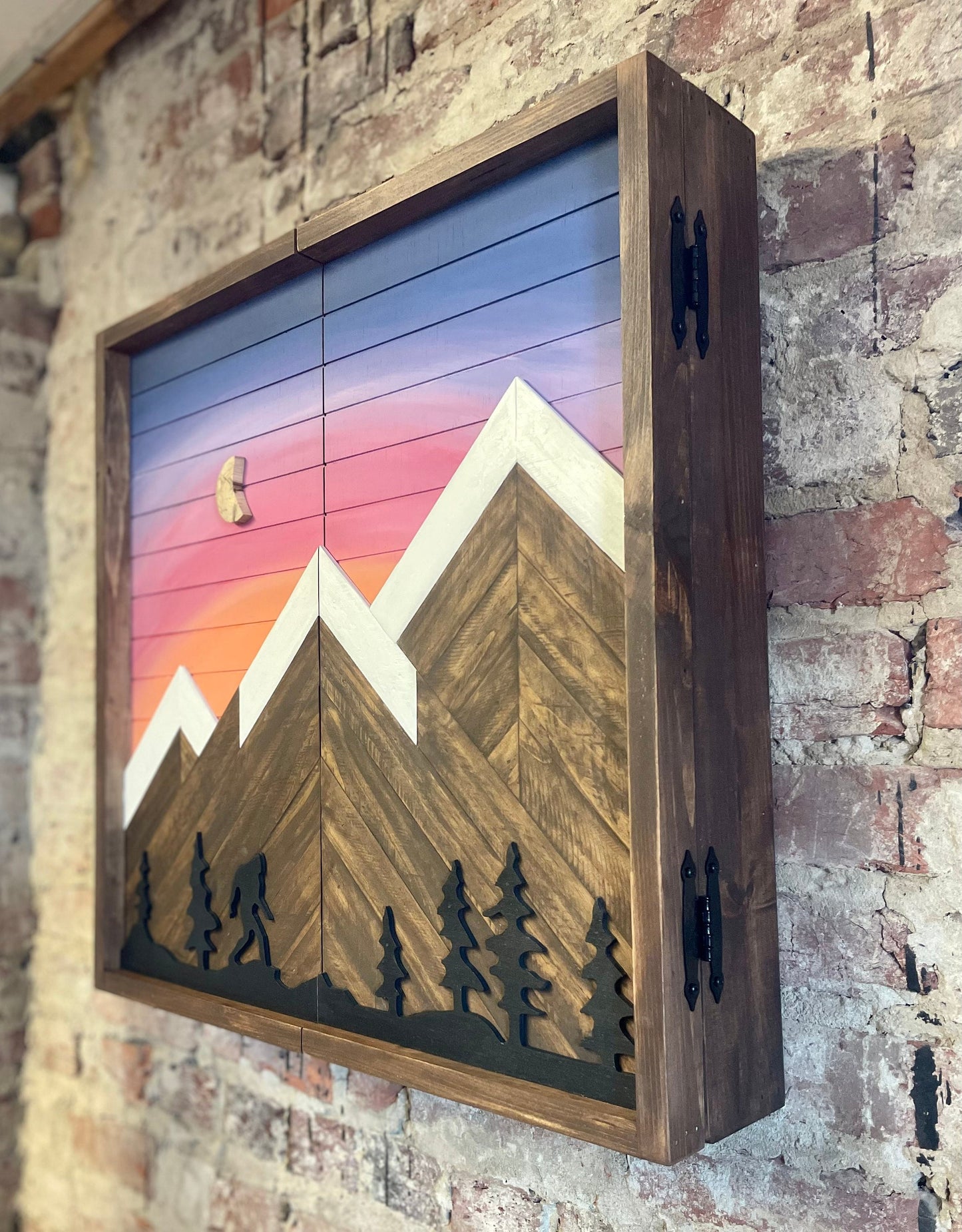 Rustic Dartboard Cabinet - Rustic Sky w/ Trees Mountain Art  24”x24” - Rustic Cabinet - Game Room / Man Cave Art - Wall Decor - Cabinet