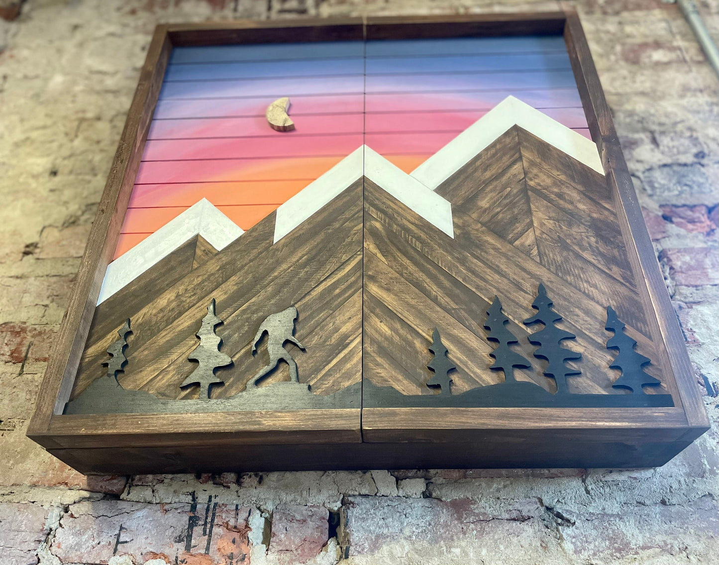 Rustic Dartboard Cabinet - Rustic Sky w/ Trees Mountain Art  24”x24” - Rustic Cabinet - Game Room / Man Cave Art - Wall Decor - Cabinet