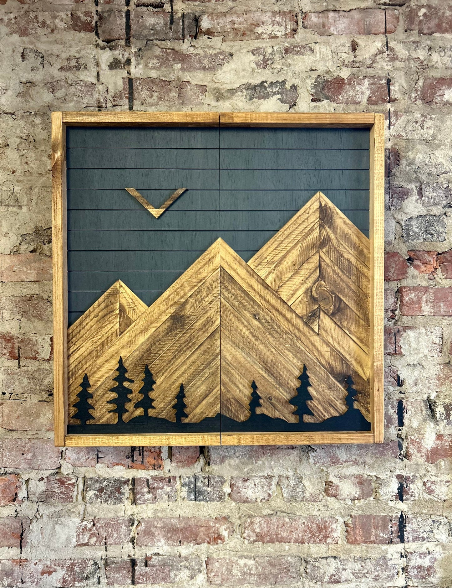 Rustic Dartboard Cabinet - Rustic Carbon w/ Trees Mountain Art  22”x22” - Rustic Cabinet - Game Room / Man Cave Art - Wall Decor - Cabinet