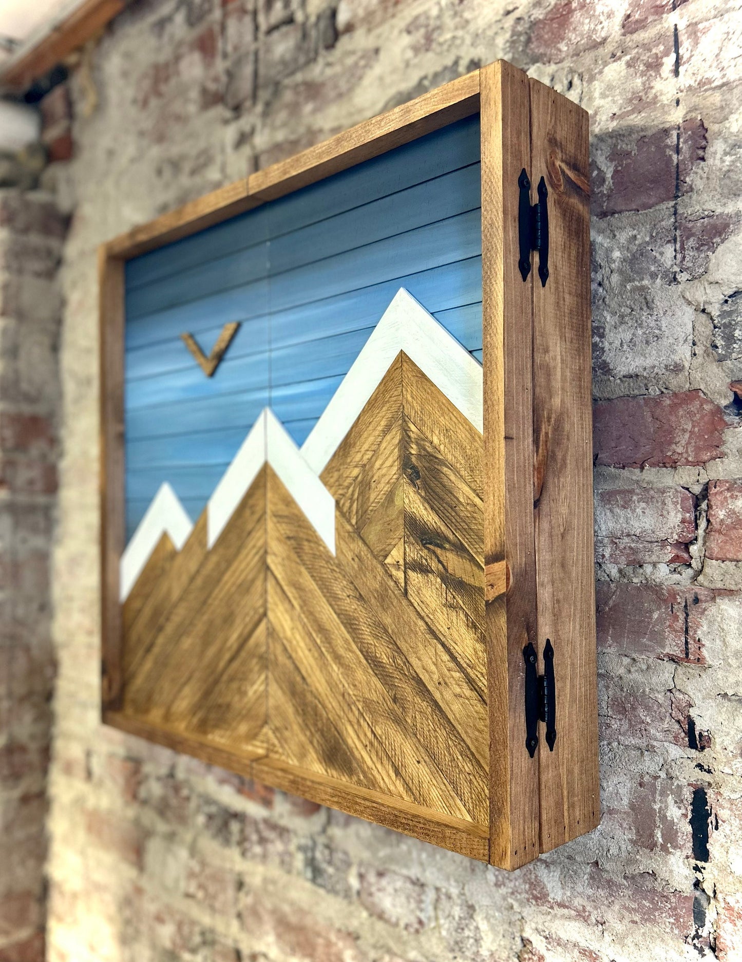 Rustic Dartboard Cabinet - Rustic Blueshade Mountain Art  24”x24” - Rustic Cabinet -Game Room / Man Cave Art - Wall Decor - Cabinet