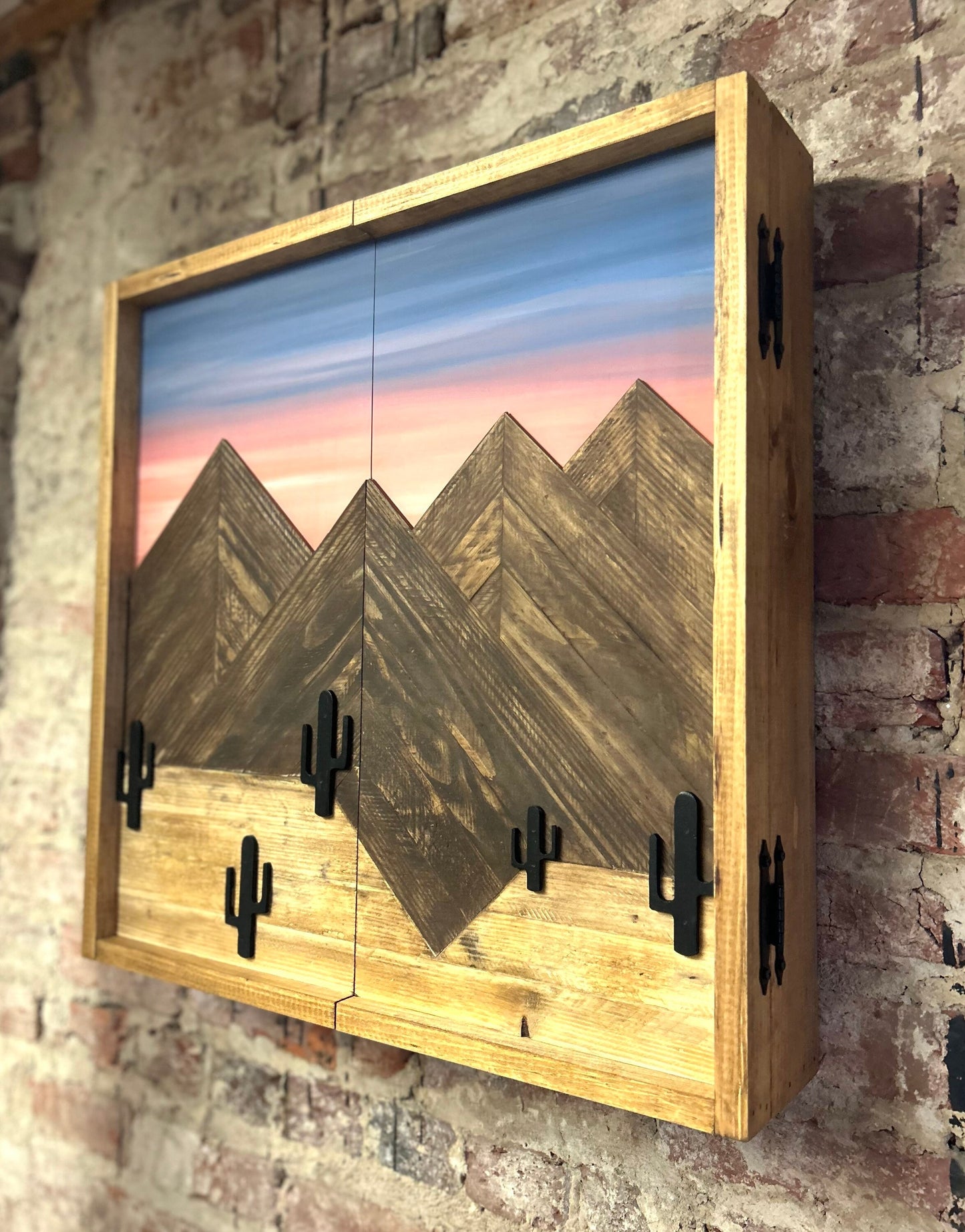 Rustic Dartboard Cabinet- Painted Desert Mountain Design- Arizona Artwork- 24”x24” - Rustic Cabinet - Game Room / Man Cave Art - Wall Decor