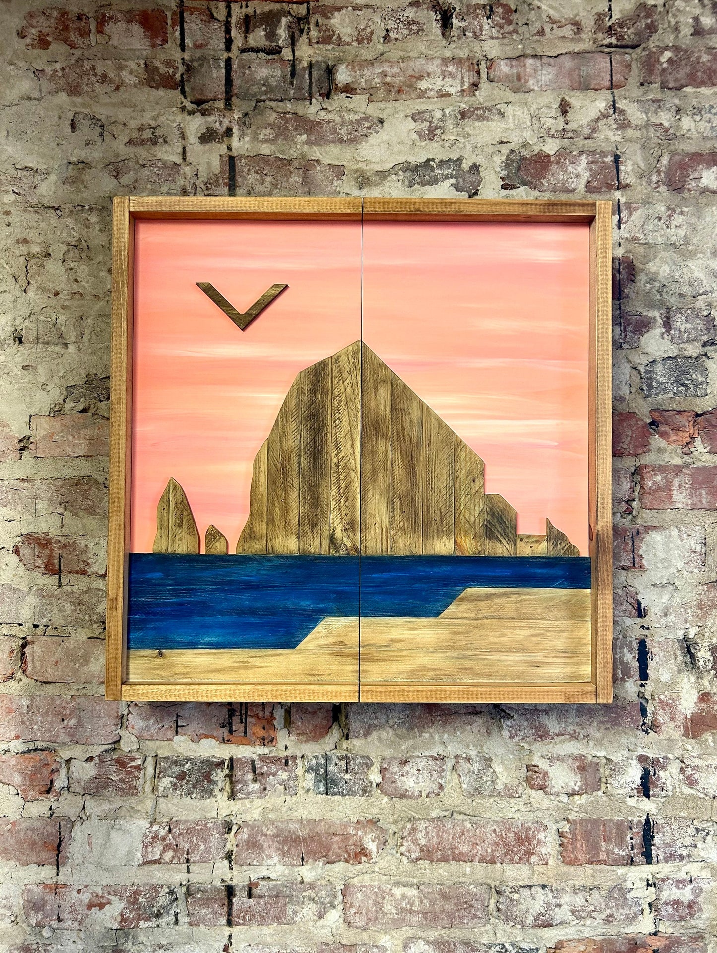 Rustic Dartboard Cabinet 24”x24” - Oregon Scene -Haystack Rock Artwork- Front-Rustic Cabinet - Gameroom Art - Wall Decor