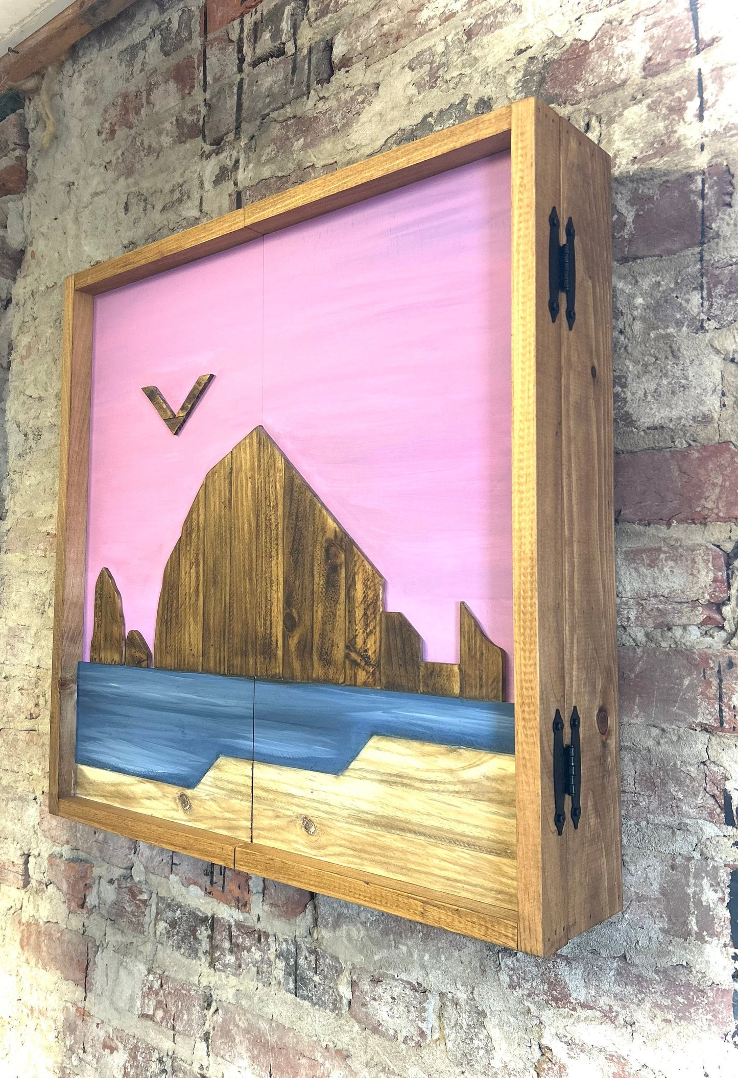 Rustic Dartboard Cabinet 24”x24” - Oregon Scene -Haystack Rock Artwork- Front-Rustic Cabinet - Gameroom Art - Wall Decor
