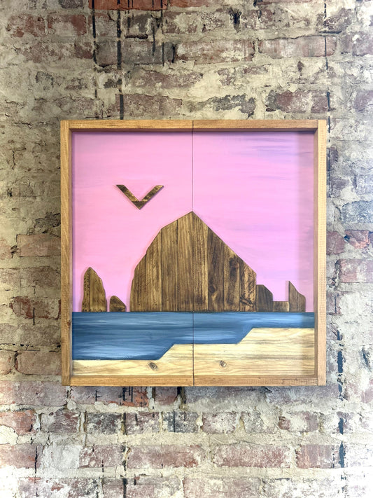 Rustic Dartboard Cabinet 24”x24” - Oregon Scene -Haystack Rock Artwork- Front-Rustic Cabinet - Gameroom Art - Wall Decor