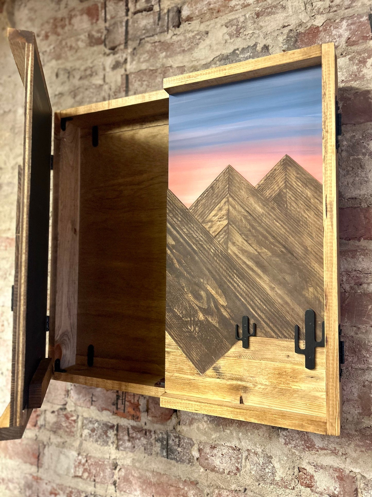 Rustic Dartboard Cabinet- Painted Desert Mountain Design- Arizona Artwork- 24”x24” - Rustic Cabinet - Game Room / Man Cave Art - Wall Decor