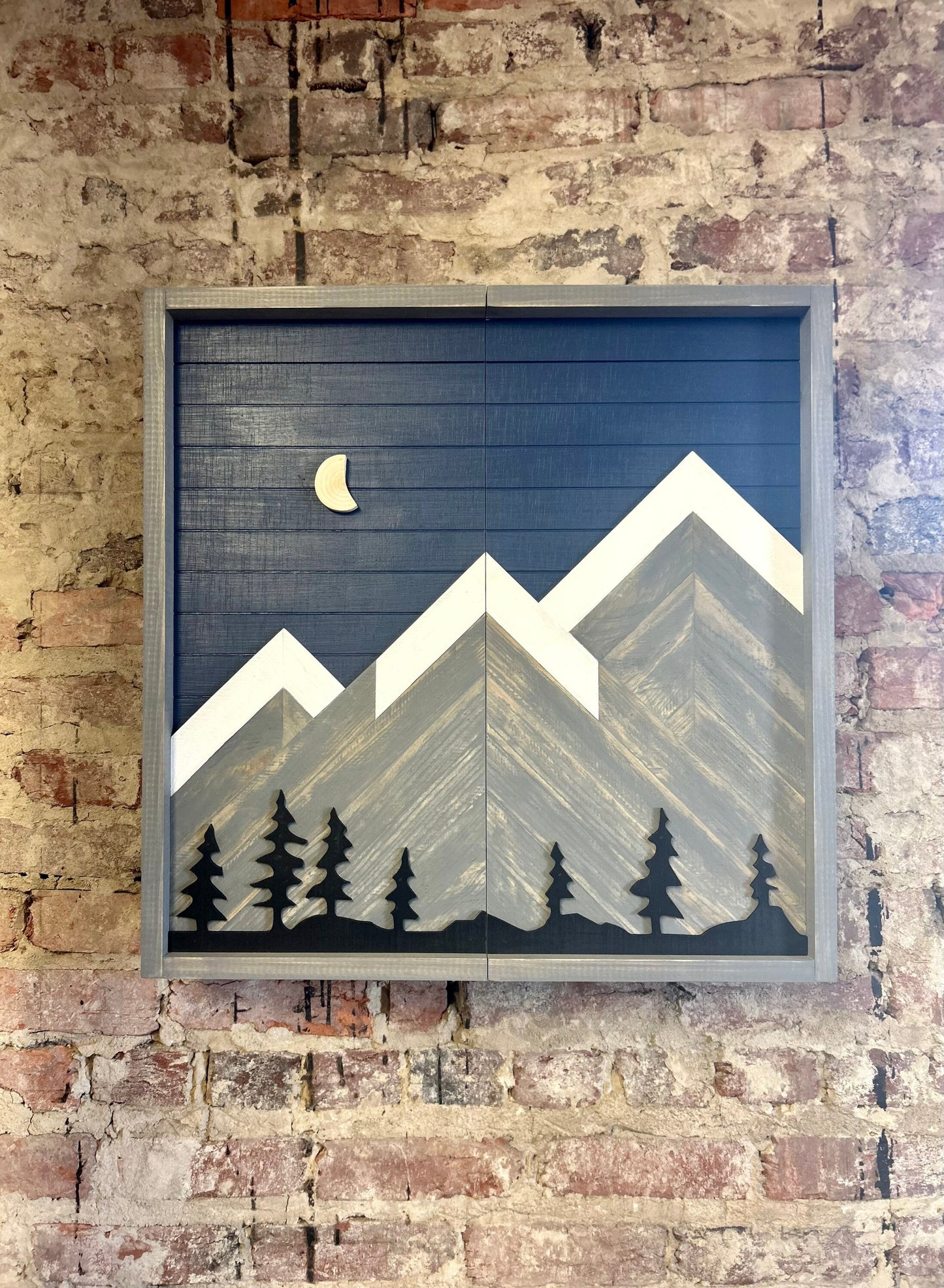 Rustic Dartboard Cabinet-Rustic Navy Sky w/Gray Mountains w/Trees Art  24”x24”- Rustic Cabinet-Game Room/Man Cave Art - Wall Decor - Cabinet