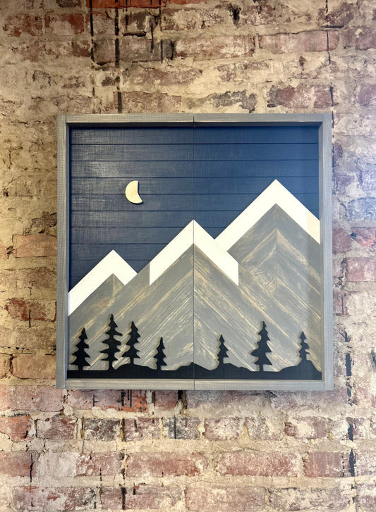 Rustic Dartboard Cabinet-Rustic Navy Sky w/Gray Mountains w/Trees Art  24”x24”- Rustic Cabinet-Game Room/Man Cave Art - Wall Decor - Cabinet