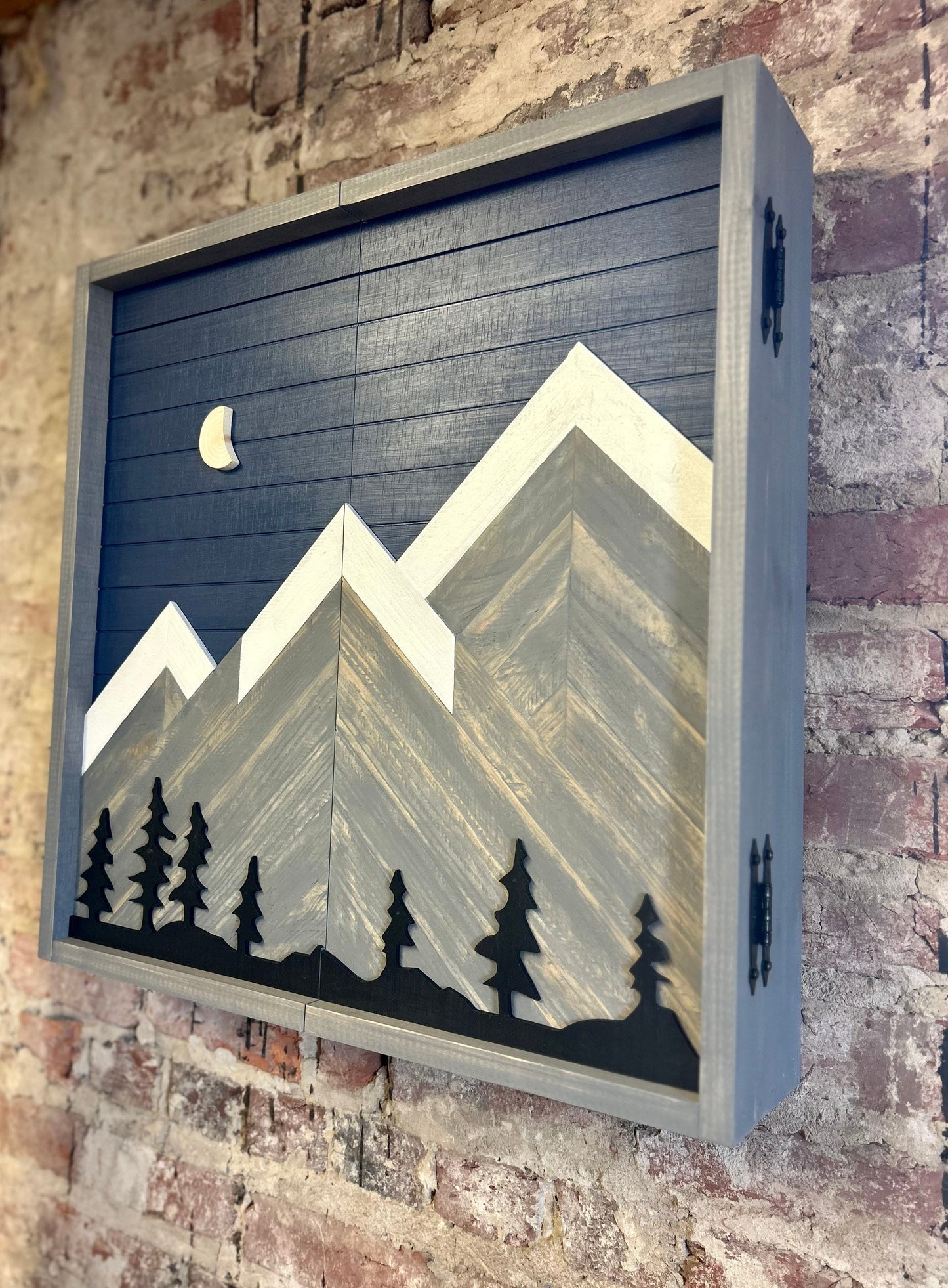 Rustic Dartboard Cabinet-Rustic Navy Sky w/Gray Mountains w/Trees Art  24”x24”- Rustic Cabinet-Game Room/Man Cave Art - Wall Decor - Cabinet