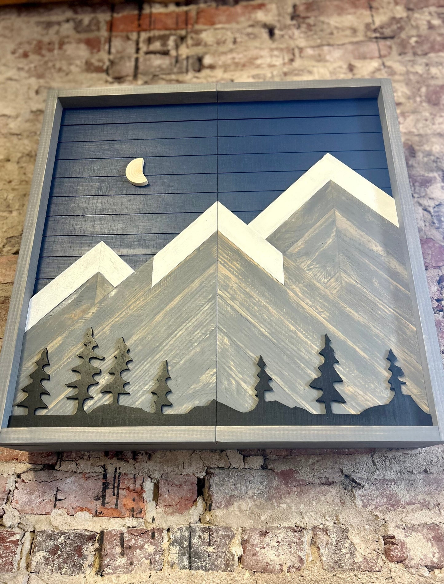 Rustic Dartboard Cabinet-Rustic Navy Sky w/Gray Mountains w/Trees Art  24”x24”- Rustic Cabinet-Game Room/Man Cave Art - Wall Decor - Cabinet