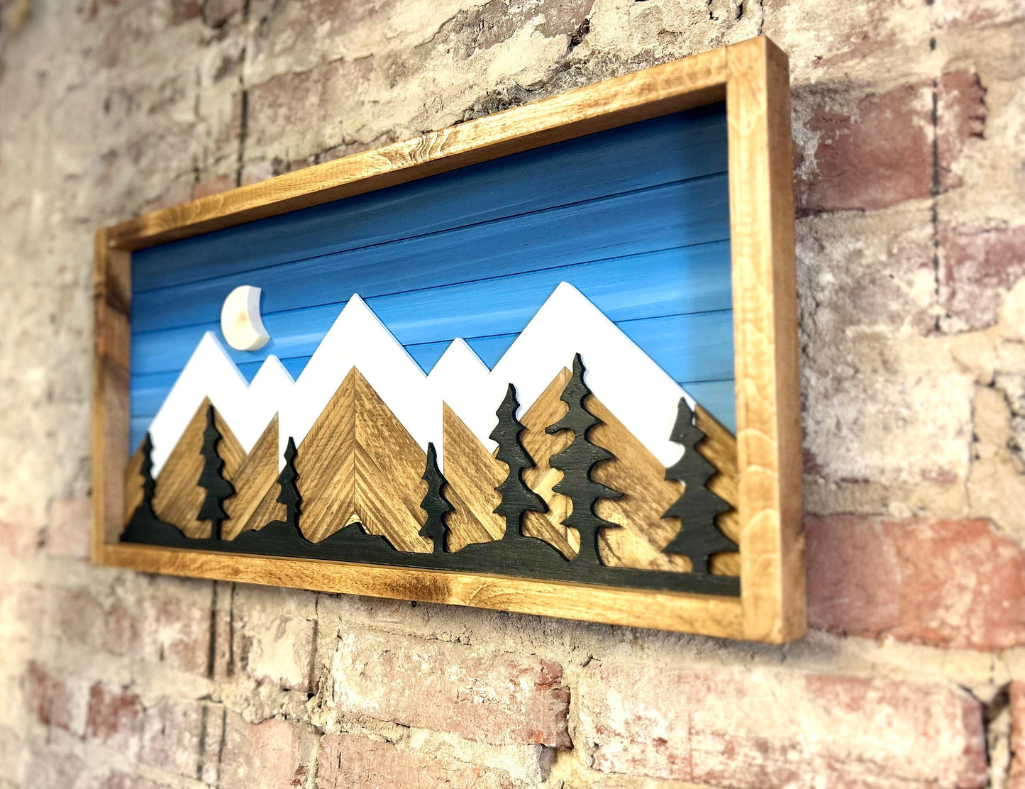Rustic Blueshade Background w/ Moon & Trees- Rustic Mountain Wood Wall Art-Wall Decor- Night Sky Decor- Home Decor-Wall Art- Rustic Decor