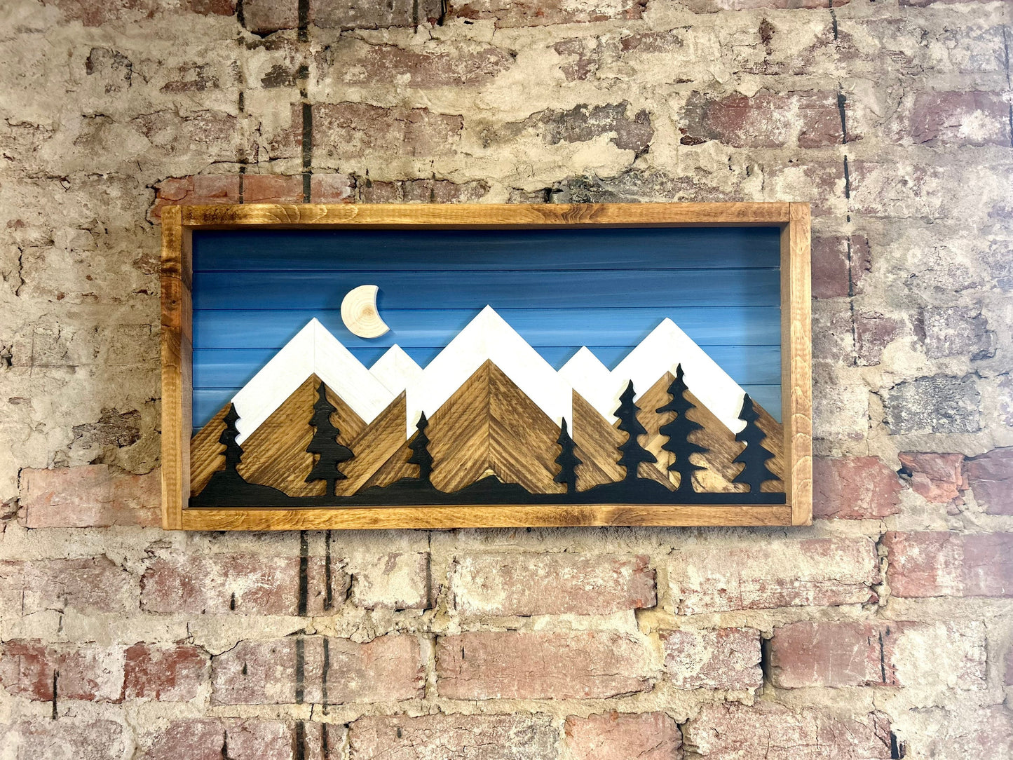 Rustic Blueshade Background w/ Moon & Trees- Rustic Mountain Wood Wall Art-Wall Decor- Night Sky Decor- Home Decor-Wall Art- Rustic Decor