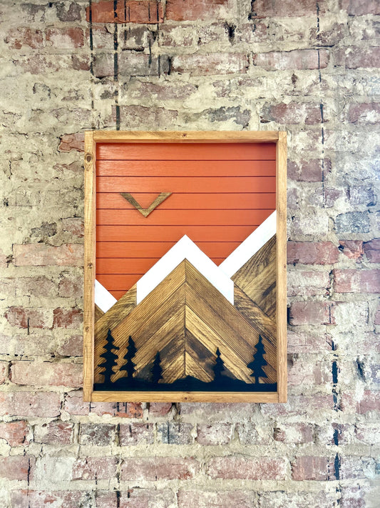 Rustic Bathroom Cabinet - (Single Door) Orange w/ Trees Mountain Art-Bathroom Cabinet-Medicine Cabinet-Liquor Cabinet - Rustic Cabinet