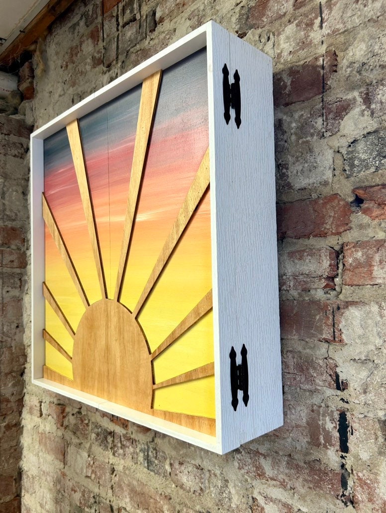 Outdoor Rustic Dartboard Cabinet - Rustic Sun Art  24”x24” - Sun Artwork - Rustic Cabinet - Game Room / Man Cave Art - Wall Decor - Cabinet