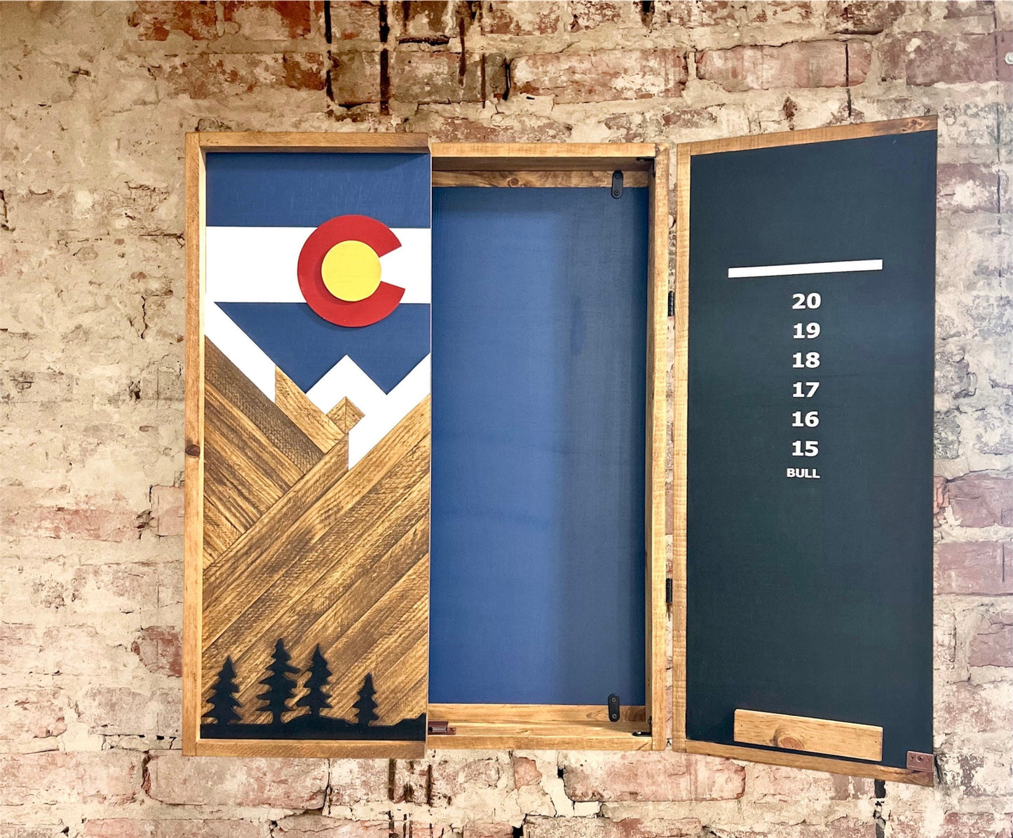 Electronic Dartboard Cabinet - Colorado Flag w/ Mountains & trees-  Rustic Cabinet - 33” x 26” - Game Room / Man Cave Art - Flag Decor