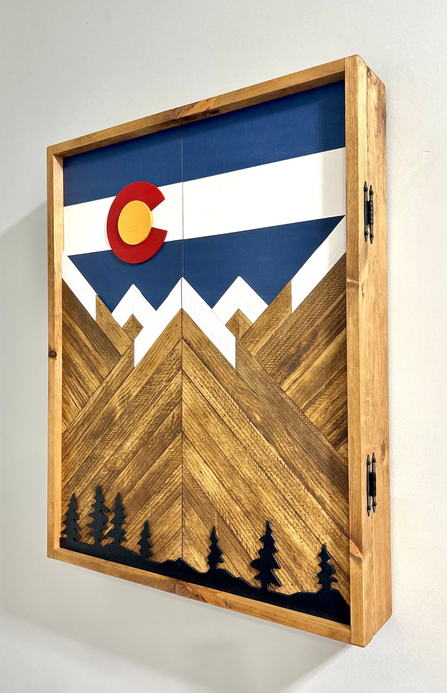 Electronic Dartboard Cabinet - Colorado Flag w/ Mountains & trees-  Rustic Cabinet - 33” x 26” - Game Room / Man Cave Art - Flag Decor