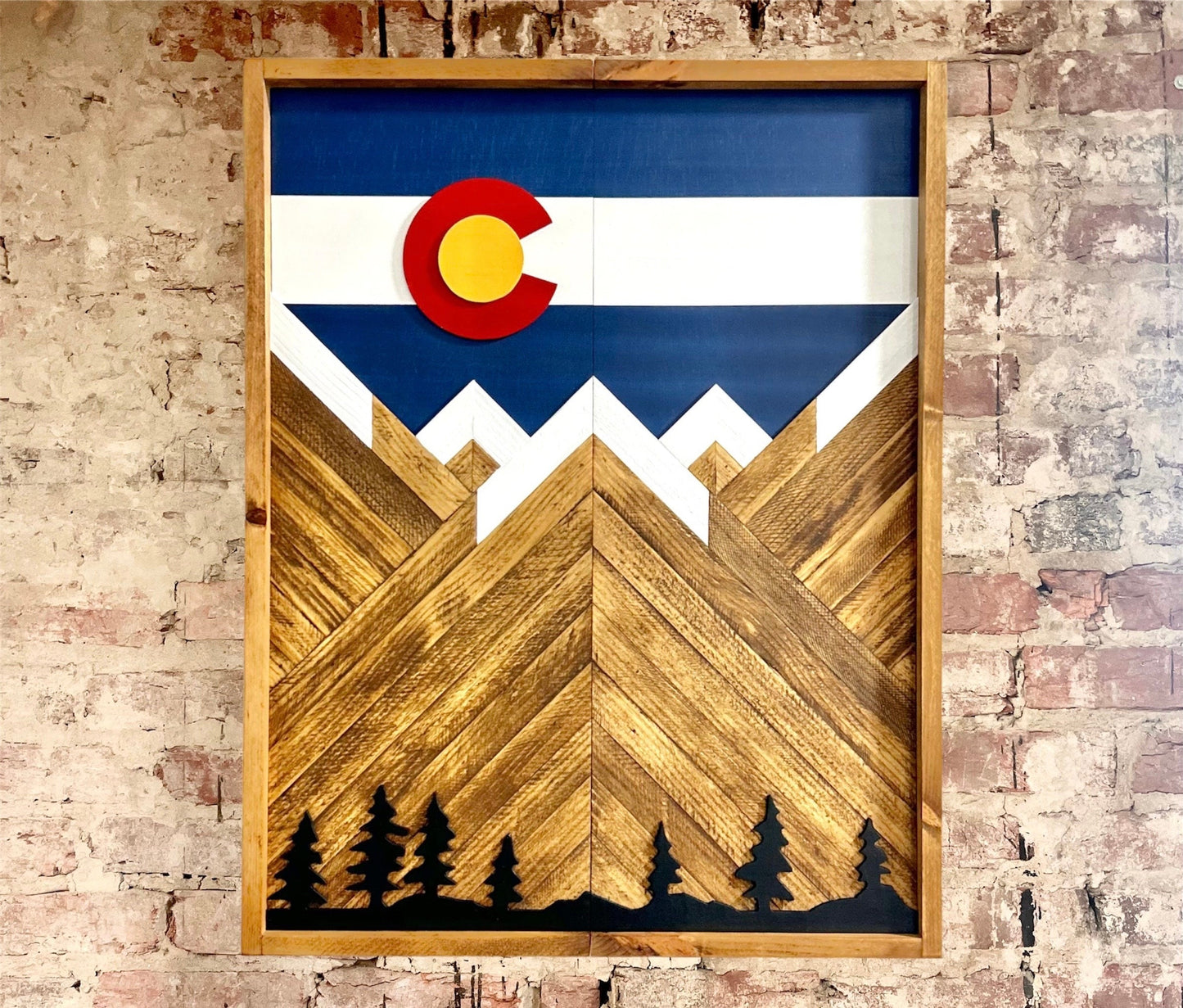 Electronic Dartboard Cabinet - Colorado Flag w/ Mountains & trees-  Rustic Cabinet - 33” x 26” - Game Room / Man Cave Art - Flag Decor