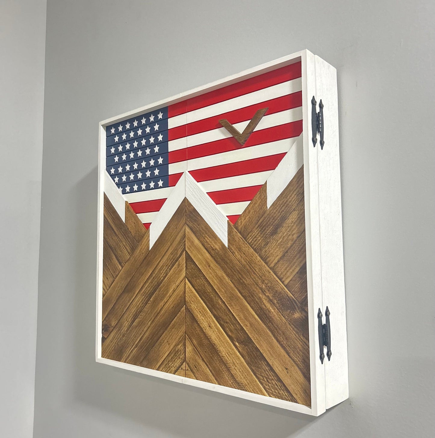 Rustic OUTDOOR Dartboard Cabinet 24”x24” - Rustic USA FLAG- American flag - Design- Rustic Cabinet - Gameroom Art - Wall Decor - Rustic art