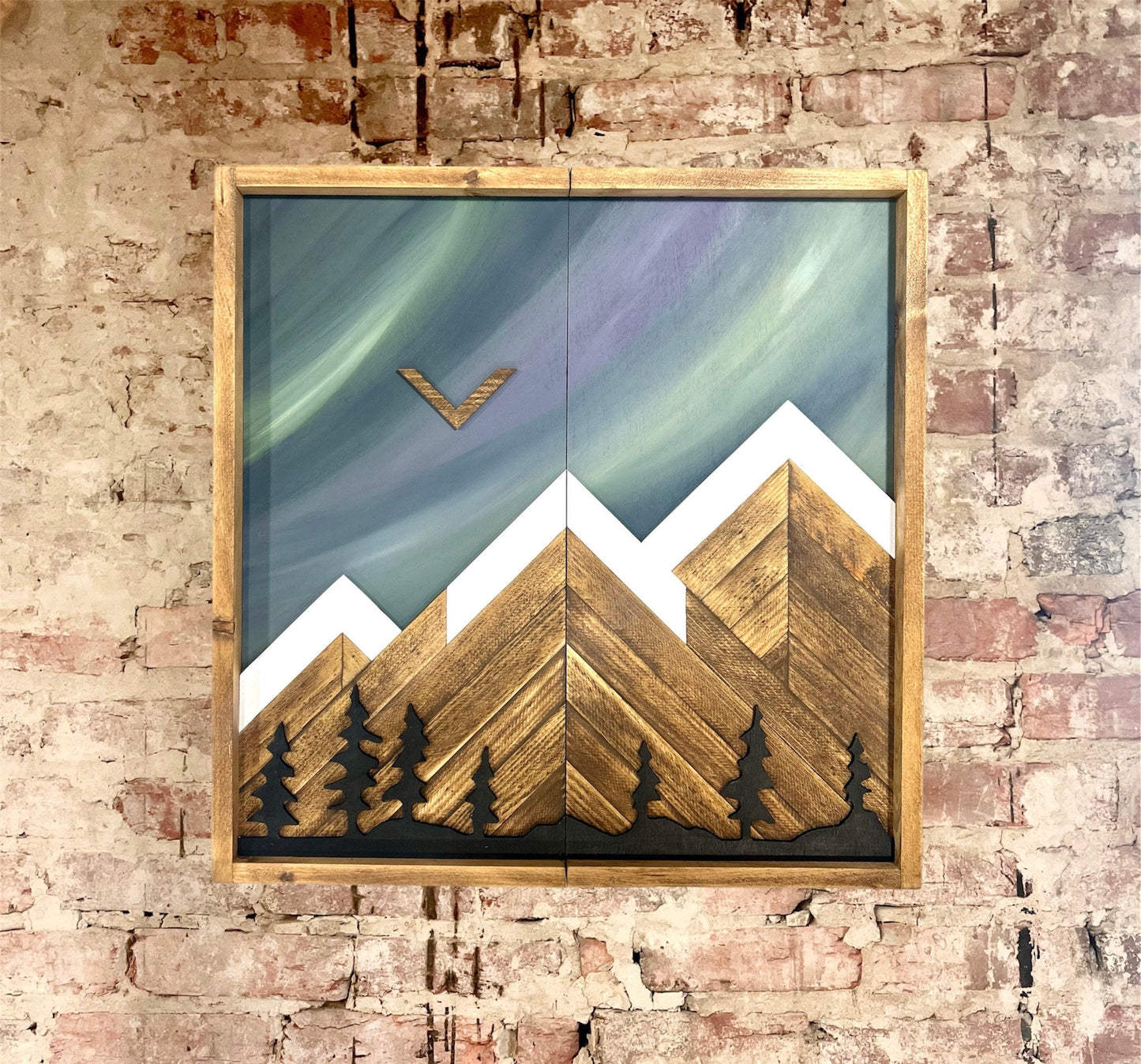 Rustic Dartboard Cabinet Aurora Borealis Sky w/ Trees Mountain Art  26”x26”- Rustic Cabinet - Game Room/Man Cave Art Northern Lights Cabinet
