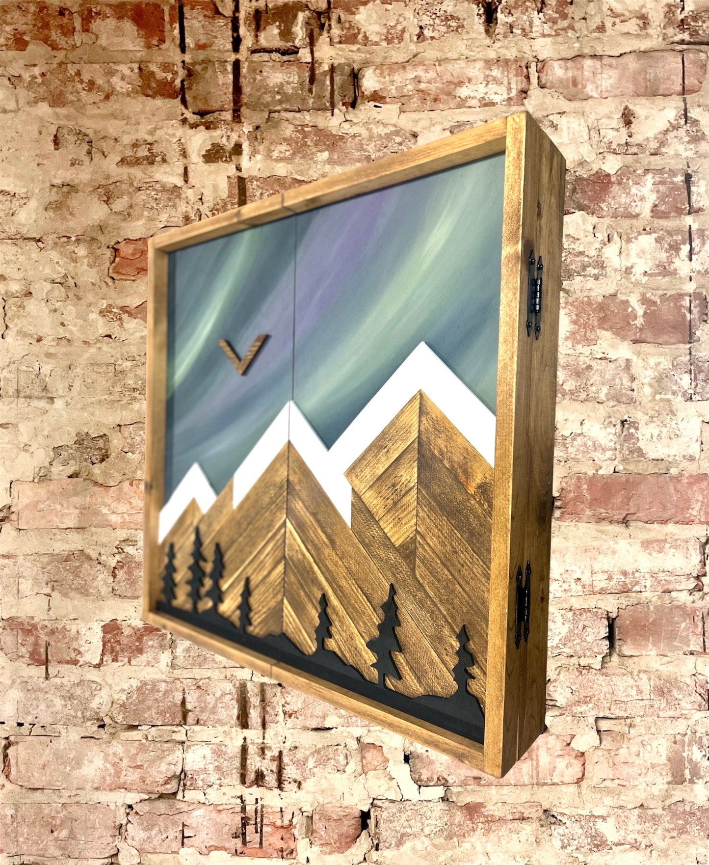 Rustic Dartboard Cabinet Aurora Borealis Sky w/ Trees Mountain Art  26”x26”- Rustic Cabinet - Game Room/Man Cave Art Northern Lights Cabinet