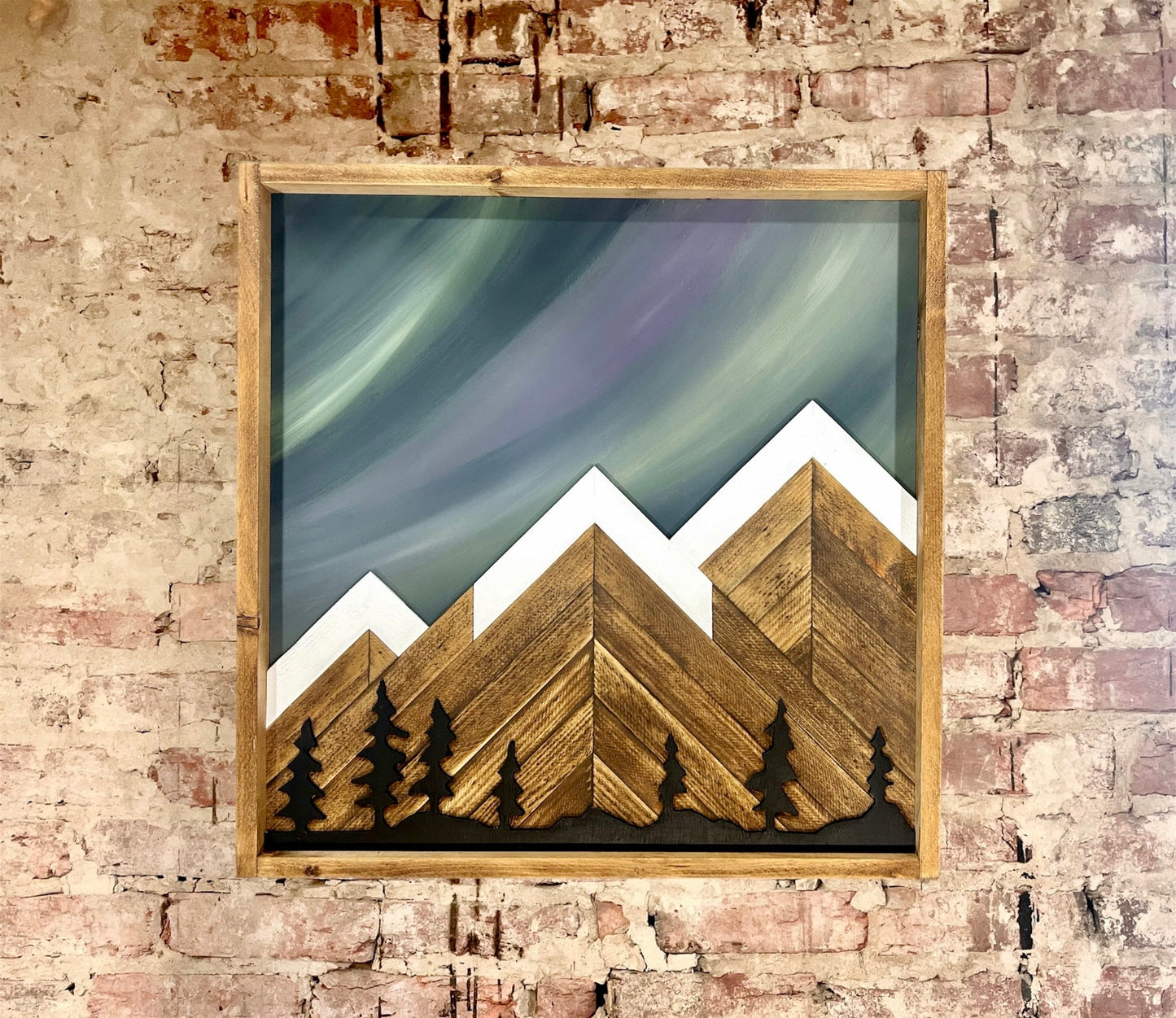 Rustic Dartboard Cabinet Aurora Borealis Sky w/ Trees Mountain Art  26”x26”- Rustic Cabinet - Game Room/Man Cave Art Northern Lights Cabinet