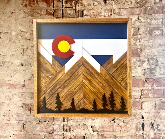 Rustic Dartboard Cabinet - Rustic Colorado Flag w/ trees Mountain Art  24”x24” - Rustic Cabinet - Game Room / Man Cave Art - Wall Decor