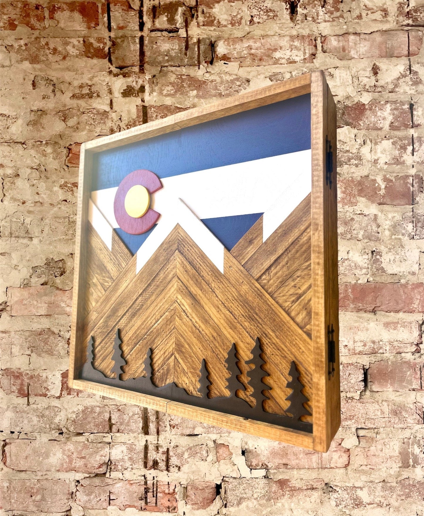 Rustic Dartboard Cabinet - Rustic Colorado Flag w/ trees Mountain Art  24”x24” - Rustic Cabinet - Game Room / Man Cave Art - Wall Decor