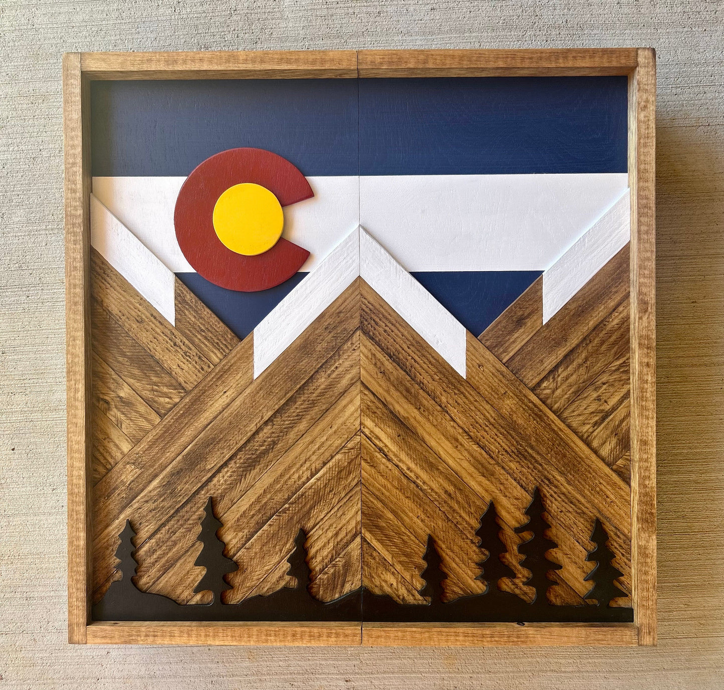 Rustic Dartboard Cabinet - Rustic Colorado Flag w/ trees Mountain Art  24”x24” - Rustic Cabinet - Game Room / Man Cave Art - Wall Decor