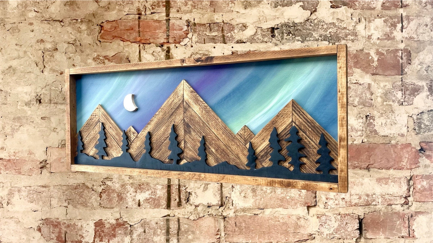 Rustic Aurora Borealis Background w/ Trees- Rustic Mountain Wood Wall Art-Wall Decor- Northern Lights Sky Decor- Home Decor-Wall Art