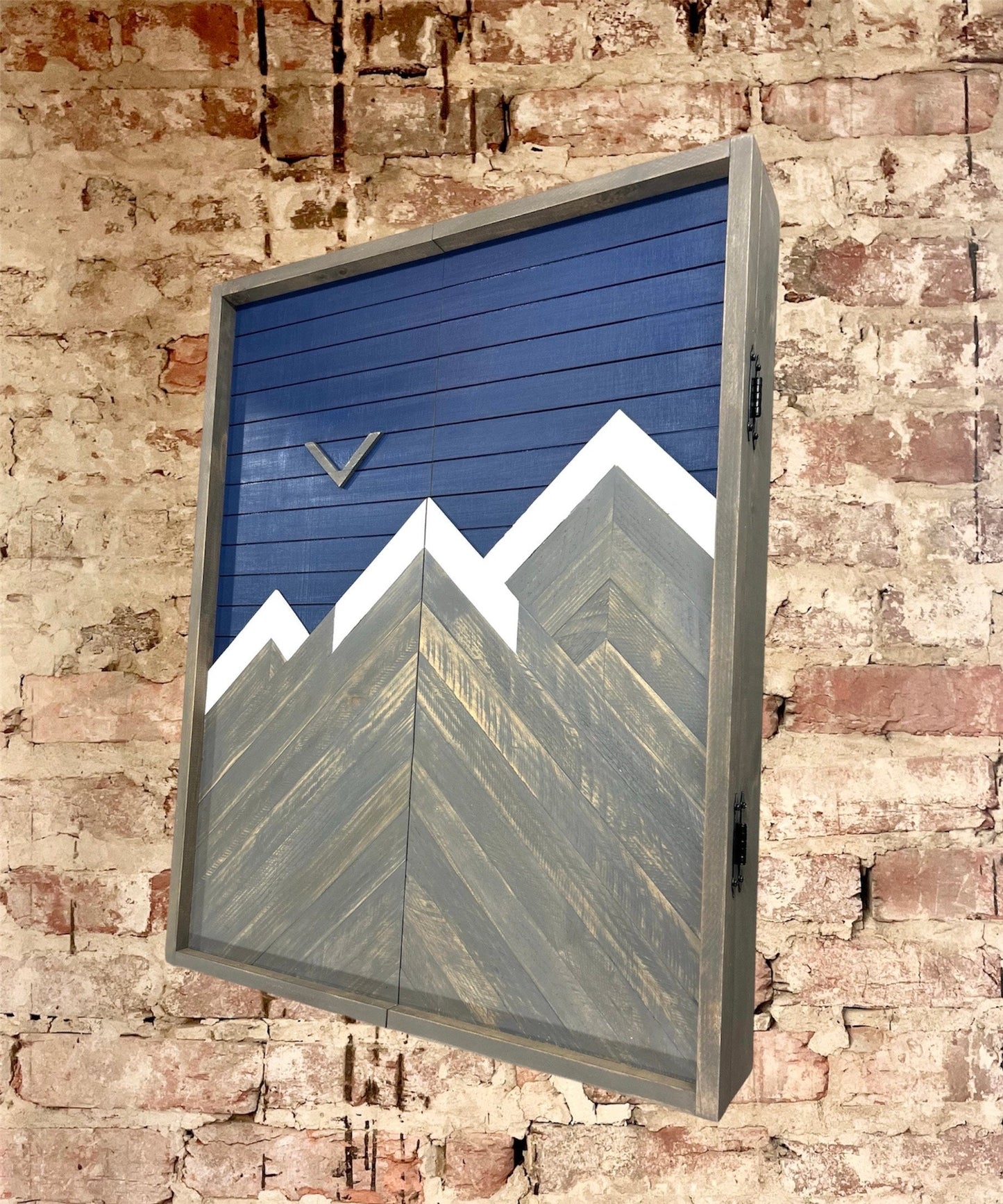 Rustic Navy Electronic Dartboard Cabinet - Rustic Navy Mountain Art  33”x26” - -Rustic Cabinet - Game Room / Man Cave Art