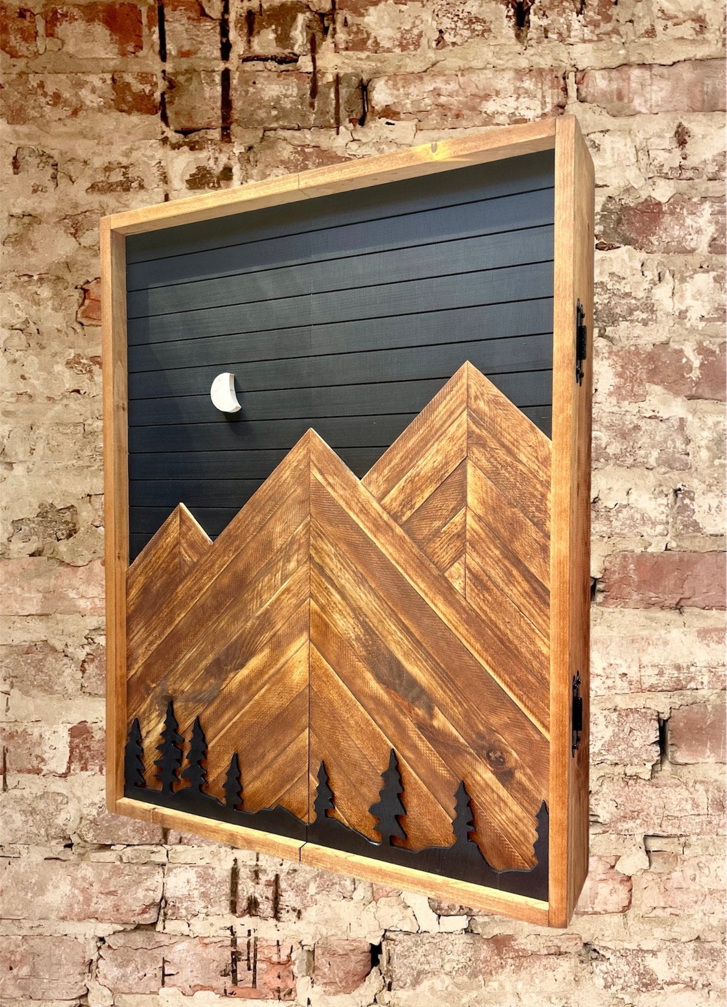 Electronic Dartboard Cabinet - Black Night sky w/ Mountains & trees-  Rustic Cabinet - Custom sizes - Game Room / Man Cave Art - Home Decor