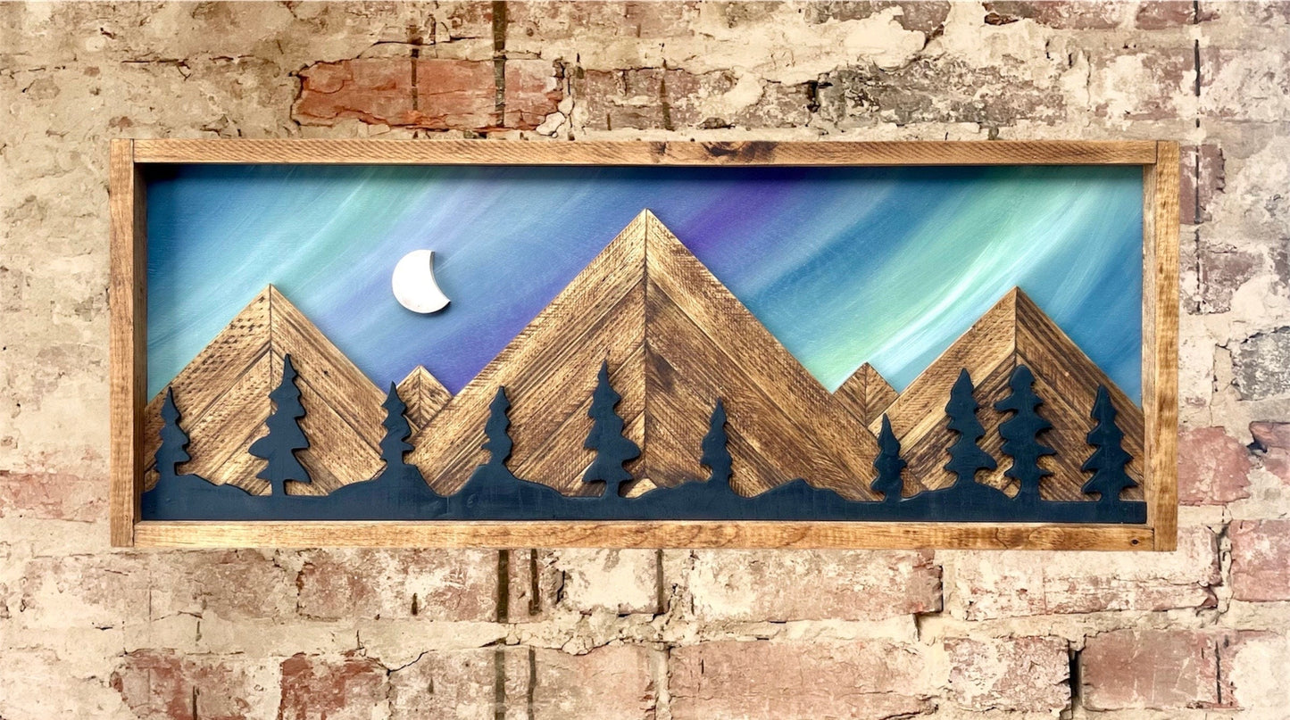 Rustic Aurora Borealis Background w/ Trees- Rustic Mountain Wood Wall Art-Wall Decor- Northern Lights Sky Decor- Home Decor-Wall Art
