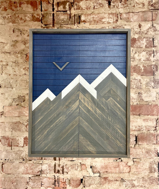 Rustic Navy Electronic Dartboard Cabinet - Rustic Navy Mountain Art 33”x26” - -Rustic Cabinet - Game Room / Man Cave Art