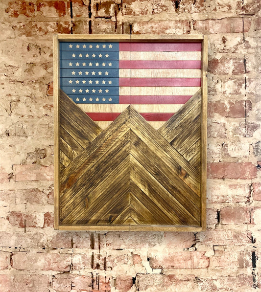 Electronic Dartboard Cabinet - Rustic Weathered America Flag w/ Mountains - USA Flag-Rustic Cabinet - 33”x 26”-Game Room/Man Cave Art -Decor