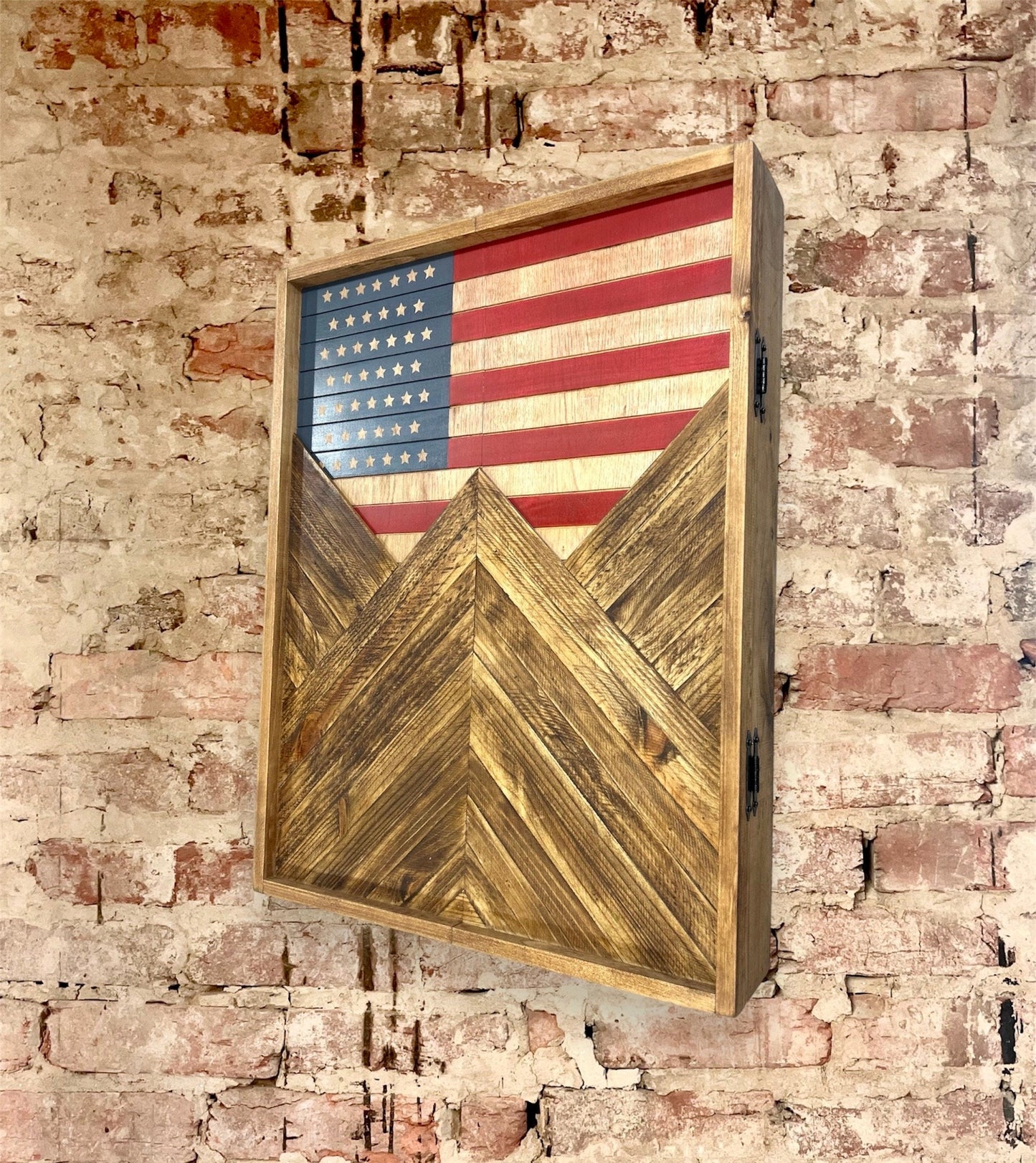 Electronic Dartboard Cabinet - Rustic Weathered America Flag w/ Mountains - USA Flag-Rustic Cabinet - 33”x 26”-Game Room/Man Cave Art -Decor