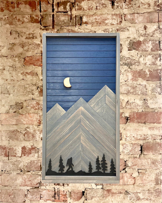 Rustic Electrical Panel Cover - Navy sky - Mountains with trees and Bigfoot - Custom Sizes Available -Breaker Box Panel Cover - Wall Decor