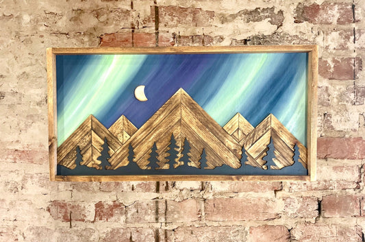 Rustic Aurora Borealis Background w/ Trees- Rustic Mountain Wood Wall Art-Wall Decor- Northern Lights Sky Decor- Home Decor-Wall Art