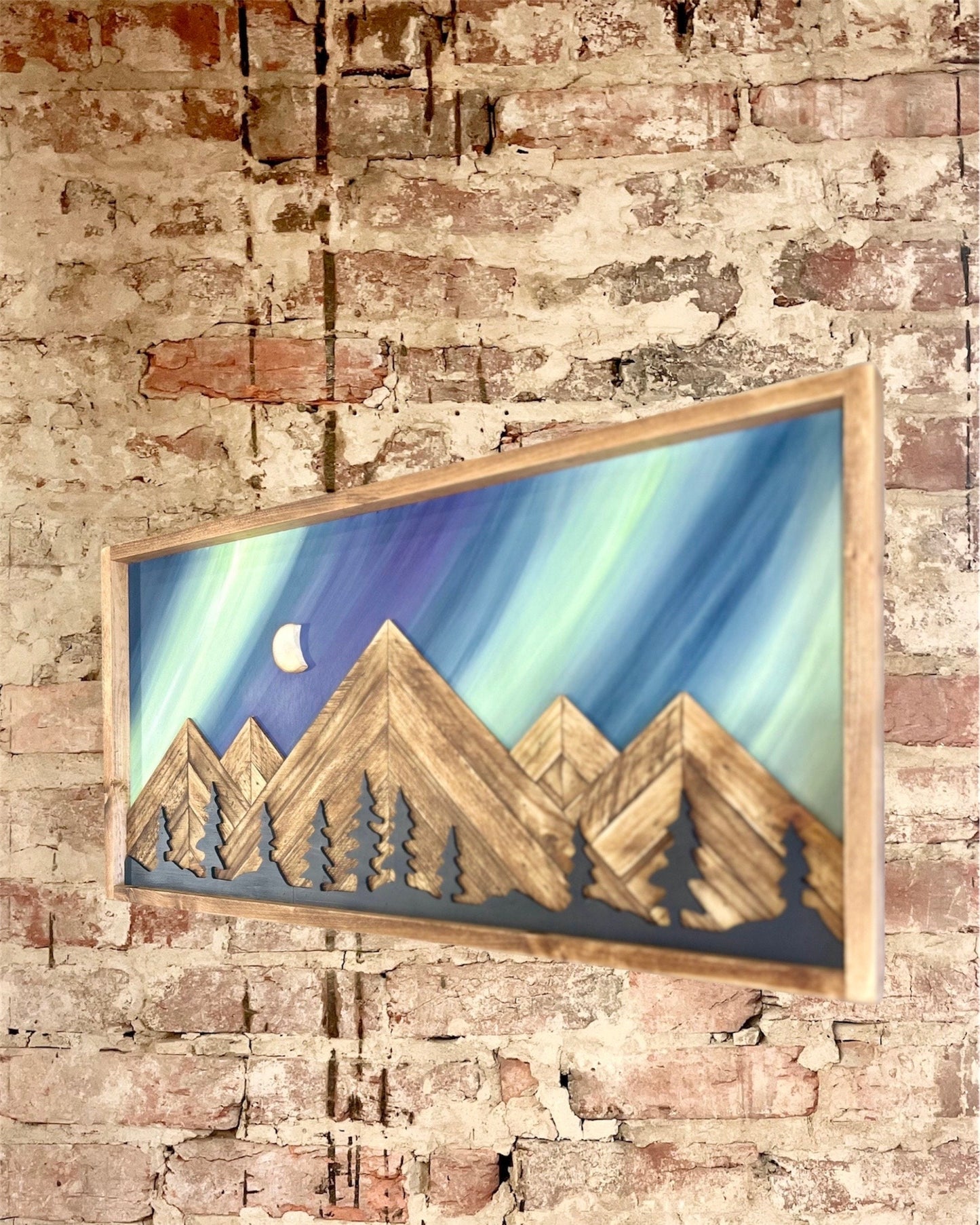 Rustic Aurora Borealis Background w/ Trees- Rustic Mountain Wood Wall Art-Wall Decor- Northern Lights Sky Decor- Home Decor-Wall Art