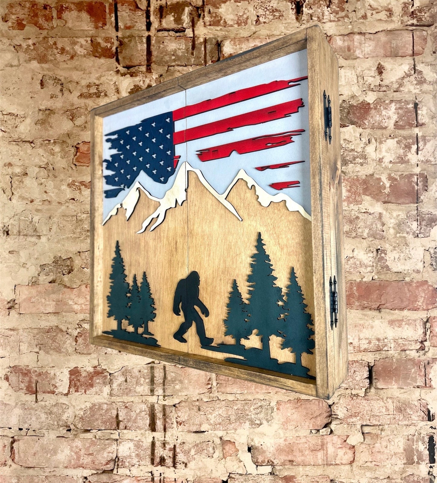 Rustic Dartboard Cabinet - Rustic American Flag with Bigfoot & Mountains  -Rustic Cabinet - 24”x24” - Game Room / Man Cave Art - Wall Decor
