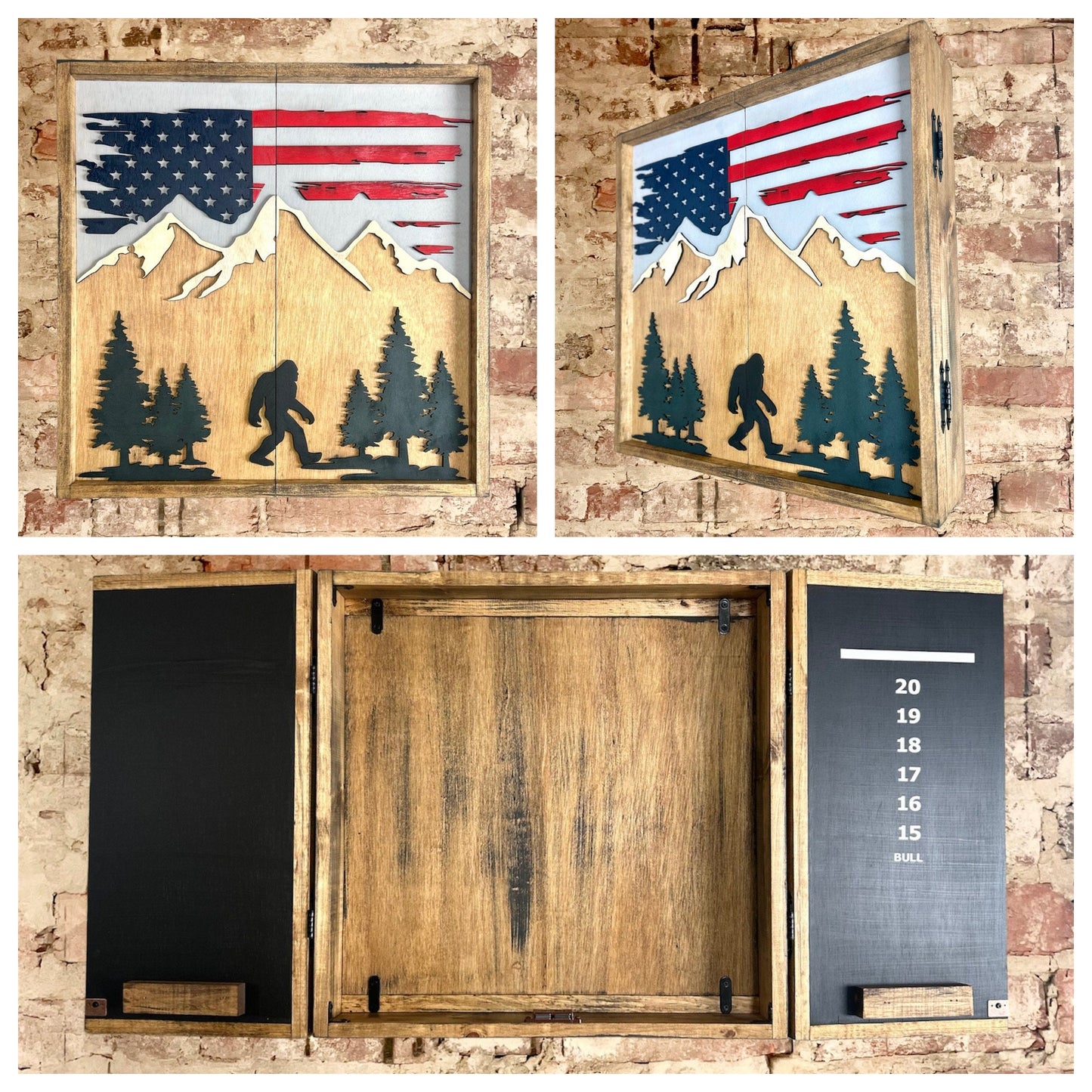 Rustic Dartboard Cabinet - Rustic American Flag with Bigfoot & Mountains  -Rustic Cabinet - 24”x24” - Game Room / Man Cave Art - Wall Decor