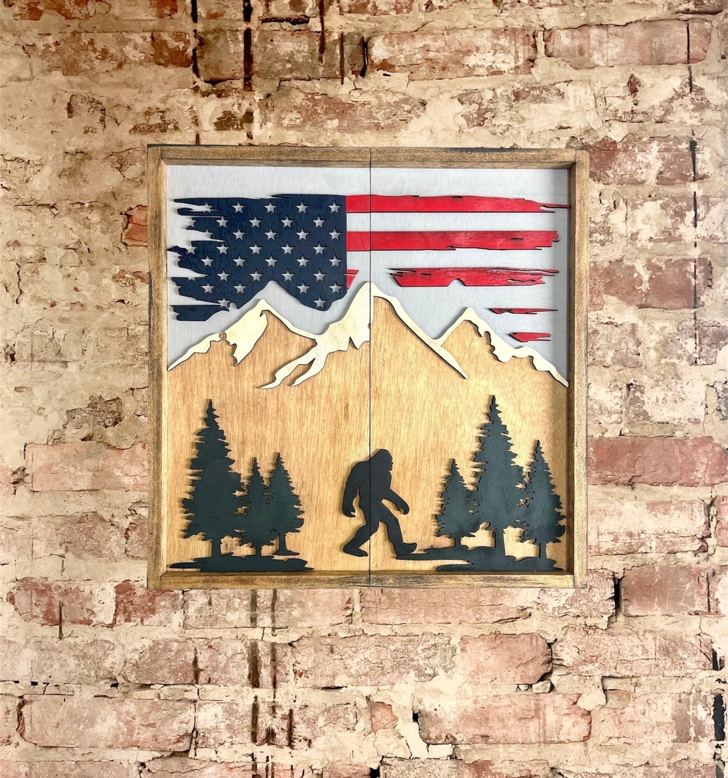 Rustic Dartboard Cabinet - Rustic American Flag with Bigfoot & Mountains  -Rustic Cabinet - 24”x24” - Game Room / Man Cave Art - Wall Decor