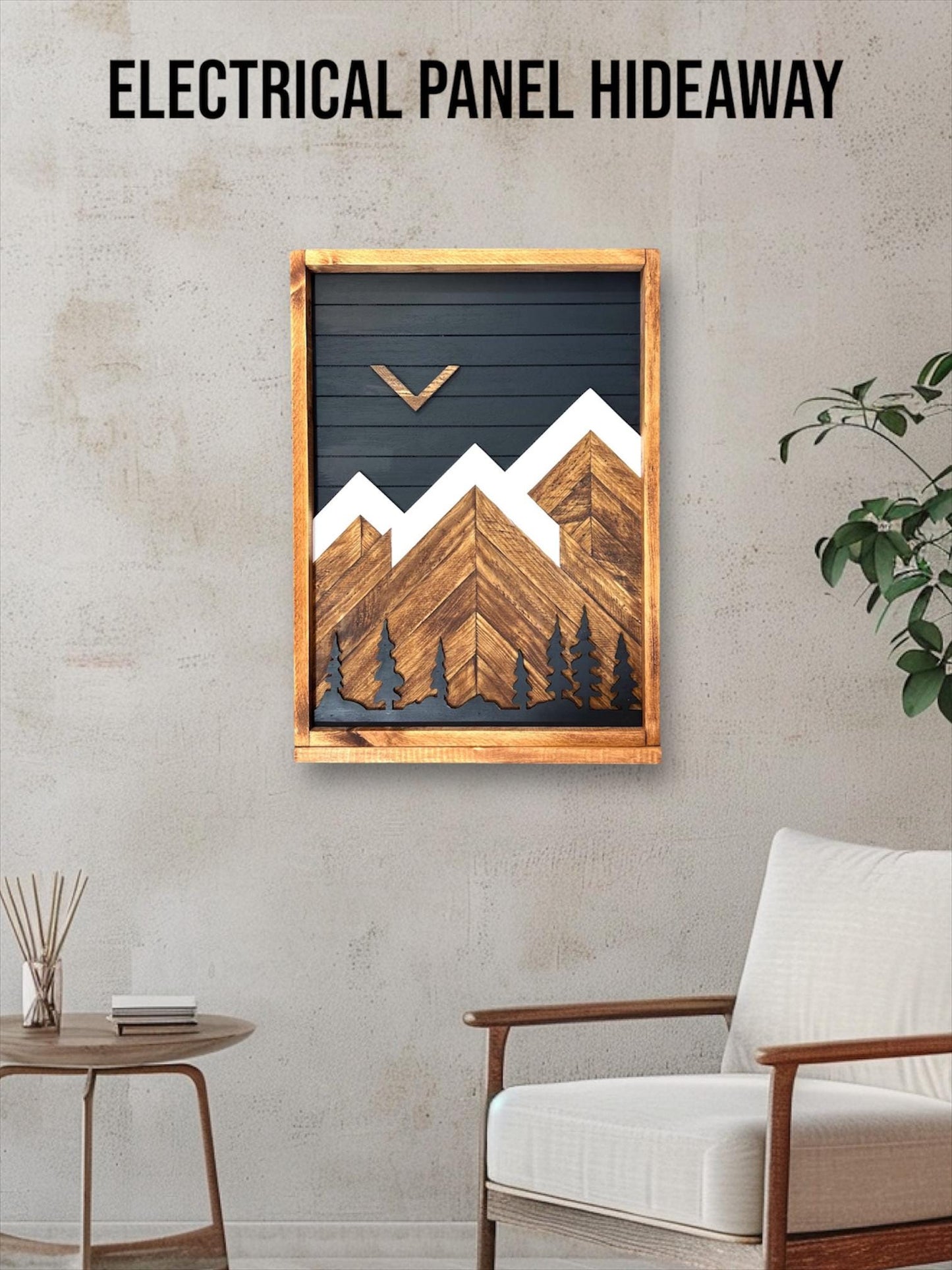 Rustic Electrical Panel Cover - Black Mountain with trees - Custom Sizes Available -Breaker Box Panel Cover - Wall Decor - Modern art
